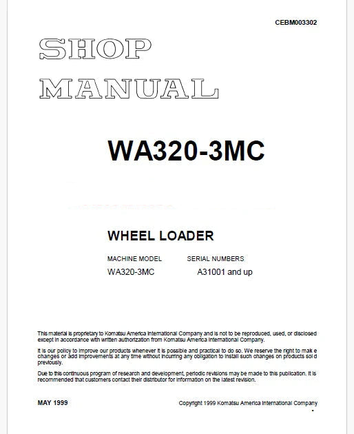 Komatsu WA320-3MC Wheel Loader Pdf Repair Service Manual Sn A31001 and UP