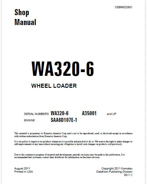 Komatsu WA320-6 Wheel Loader Pdf Repair Service Manual Sn A35001 and UP