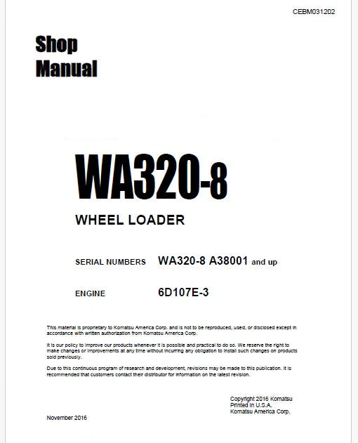 Komatsu WA320-8 Wheel Loader Pdf Repair Service Manual Sn A38001 and UP