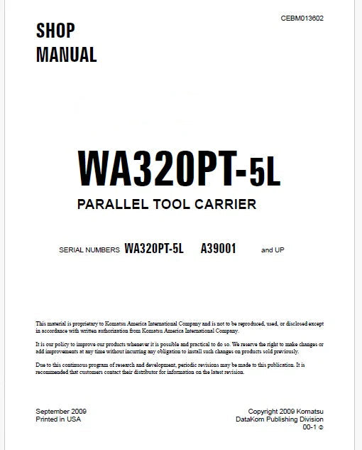 Komatsu WA320PT-5L Parallel Tool Carrier Pdf Repair Service Manual Sn A39001 and UP
