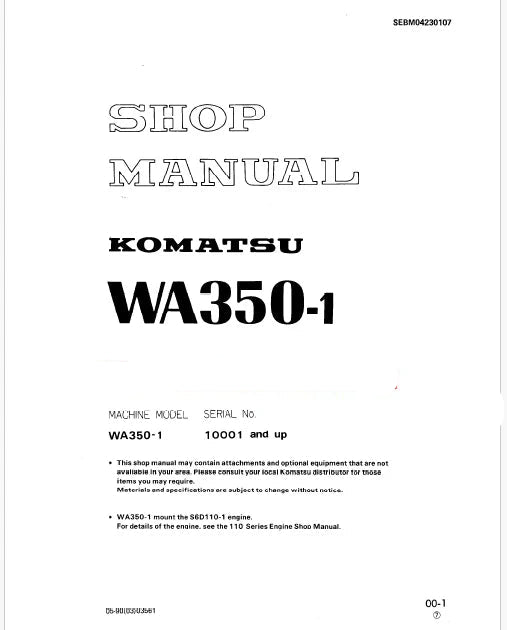 Komatsu WA350-1 Wheel Loader Pdf Repair Service Manual Sn 10001 and UP