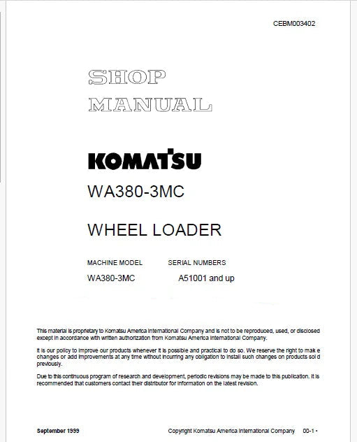 Komatsu WA380-3MC Wheel Loader Pdf Repair Service Manual Sn A51001 and UP