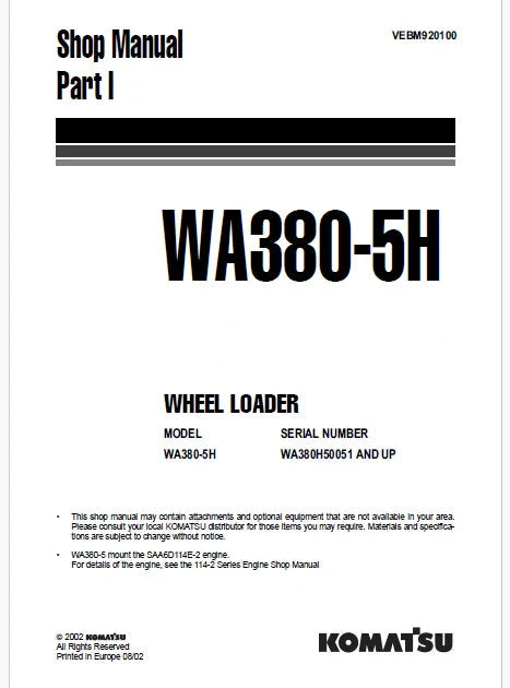 Komatsu WA380-5H Wheel Loader Pdf Repair Service Manual Sn WA380H50051 and UP
