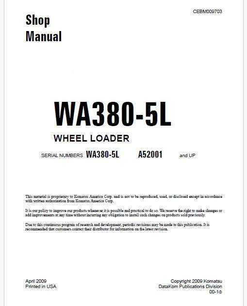 Komatsu WA380-5L Wheel Loader Pdf Repair Service Manual Sn A52001 and UP