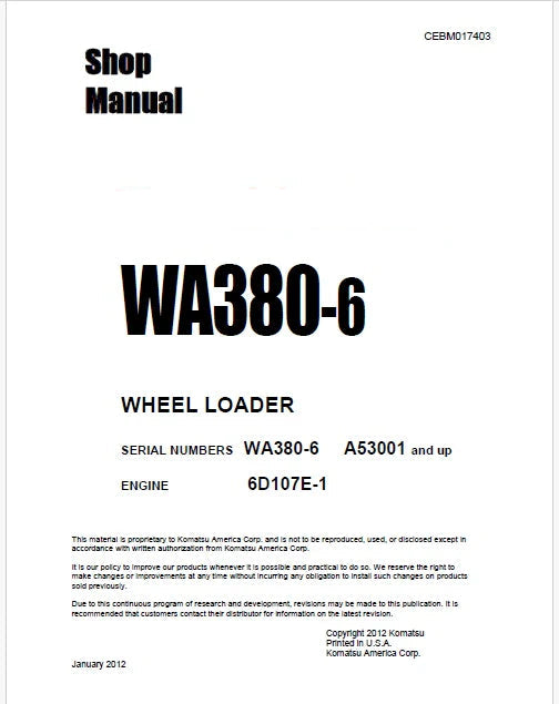 Komatsu WA380-6 Wheel Loader Pdf Repair Service Manual Sn A53001 and UP
