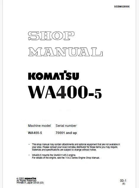 Komatsu WA400-5 Wheel Loader Pdf Repair Service Manual Sn 70001 and UP