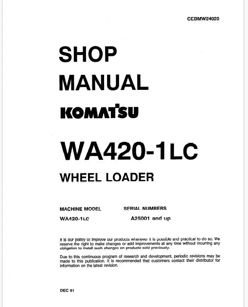 Komatsu WA420-1 LC Wheel Loader Pdf Repair Service Manual Sn A25001 and UP