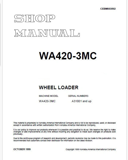Komatsu WA420-3MC Wheel Loader Pdf Repair Service Manual Sn A31001 and UP