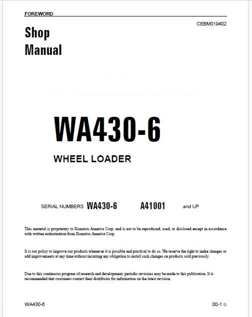Komatsu WA430-6 Wheel Loader Pdf Repair Service Manual Sn A41001 and UP