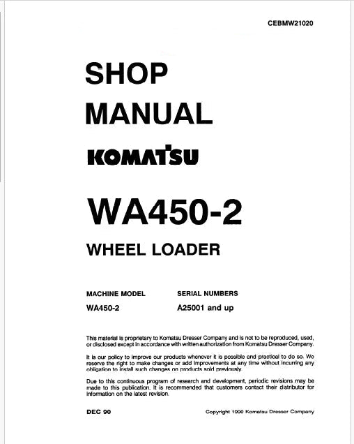 Komatsu WA450-2 Wheel Loader Pdf Repair Service Manual Sn A25001 and UP