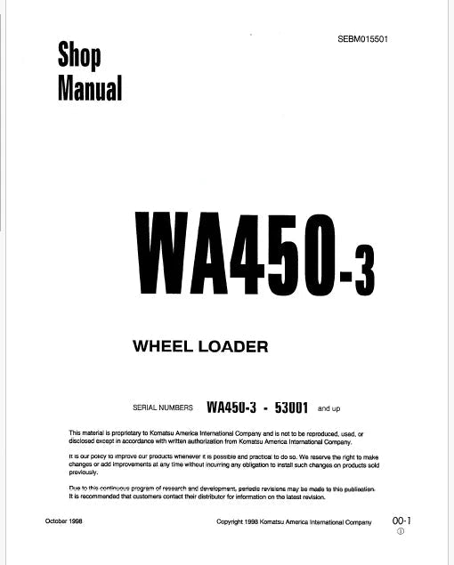 Komatsu WA450-3 Wheel Loader Pdf Repair Service Manual Sn 53001 and UP
