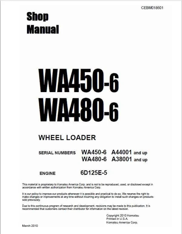 Komatsu WA450-6, WA480-6 Wheel Loader Pdf Shop Repair Service Manual