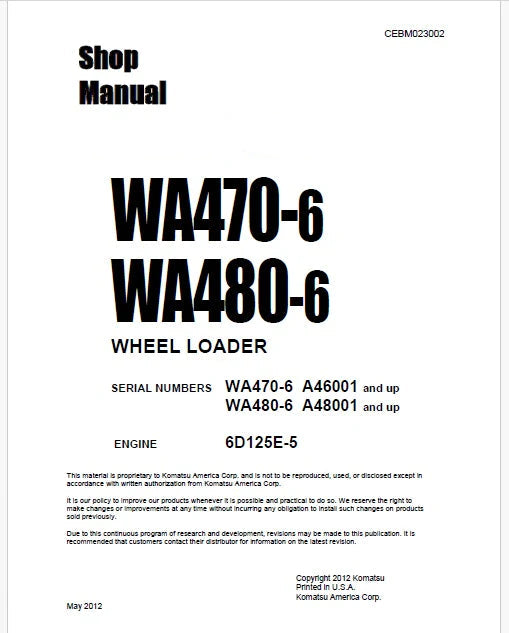 Komatsu WA470-6 Wheel Loader Pdf Repair Service Manual Sn A46001 and UP