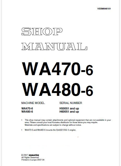 Komatsu WA470-6 Wheel Loader Pdf Repair Service Manual Sn H50051 and UP