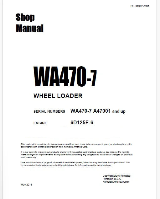 Komatsu WA470-7 Crawler Loader Pdf Repair Service Manual Sn A47001 and UP