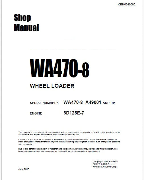 Komatsu WA470-8 Wheel Loader Pdf Repair Service Manual Sn A49001 and UP