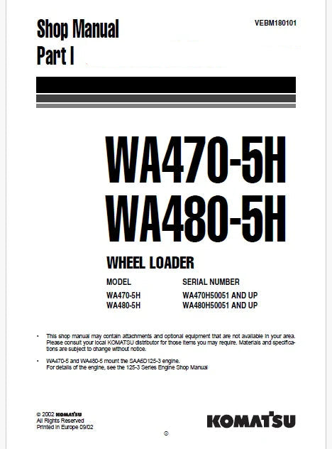 Komatsu WA480-5H Wheel Loader Pdf Repair Service Manual Sn WA480H50051 and UP