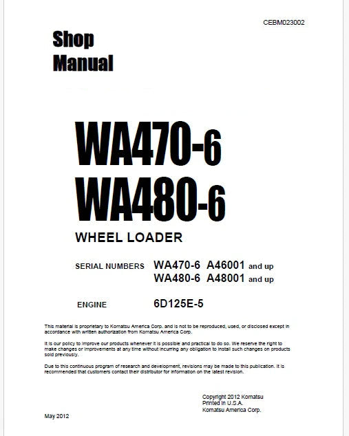 Komatsu WA480-6 Wheel Loader Pdf Repair Service Manual Sn A48001 and UP