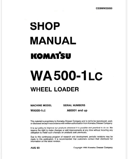 Komatsu WA500-1 LC Wheel Loader Pdf Repair Service Manual Sn A60001 and UP