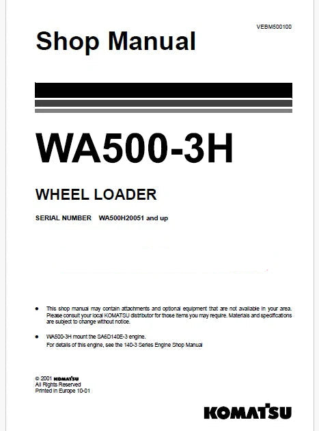 Komatsu WA500-3H Wheel Loader Pdf Repair Service Manual Sn WA500H20051 and UP