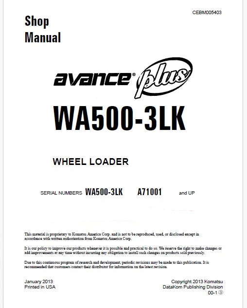 Komatsu WA500-3 LK Avance Plus Wheel Loader Pdf Repair Service Manual Sn A71001 and UP