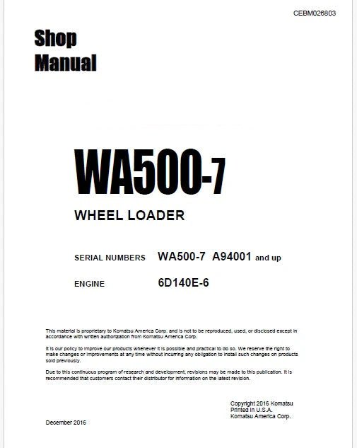 Komatsu WA500-7 Wheel Loader Pdf Repair Service Manual Sn A94001 and UP