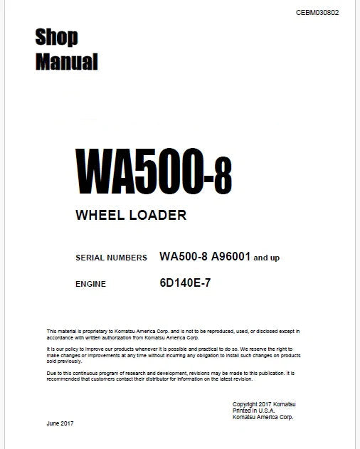 Komatsu WA500-8 Wheel Loader Pdf Repair Service Manual Sn A96001 and UP