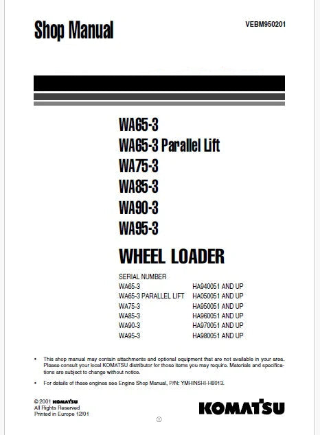 Komatsu WA65-3 Parallel Lift Wheel Loader Pdf Repair Service Manual Sn HA050051 and UP