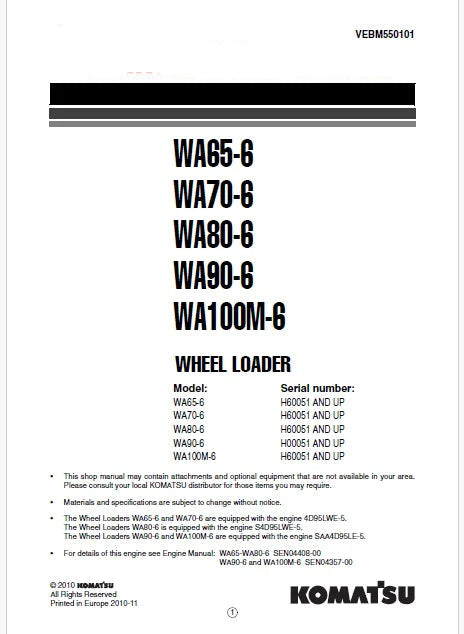 Komatsu WA65-6, WA70-6, WA80-6, WA90-6, WA100M-6 Wheel Loader Pdf Repair Service Manual Sn H60051 and UP
