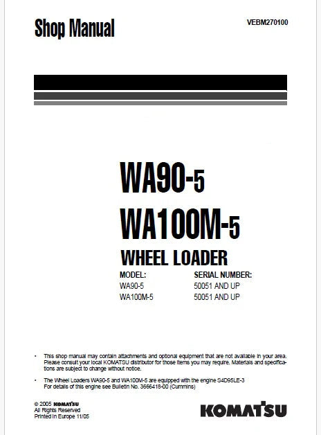 Komatsu WA90-5, WA100M-5 Wheel Loader Pdf Repair Service Manual Sn 50051 and UP