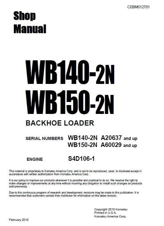 Komatsu WB140-2N, WB150-2N Backhoe Loader Workshop Service Repair Manual