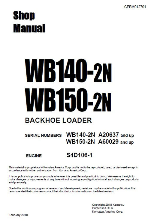 Komatsu WB140-2N, WB150-2N Backhoe Loader Workshop Service Repair Manual