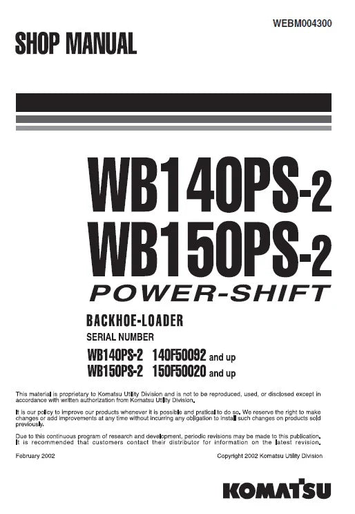 Komatsu WB140PS-2 and WB150PS-2 Backhoe Loader Power-shift Pdf Shop Repair Service Manual