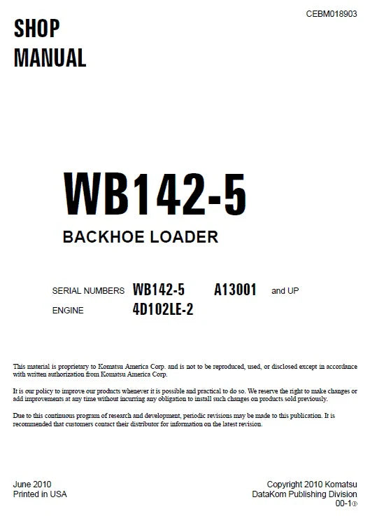 Komatsu WB142-5 Backhoe Loader Pdf Shop Repair Service Manual Sn A13001 And UP