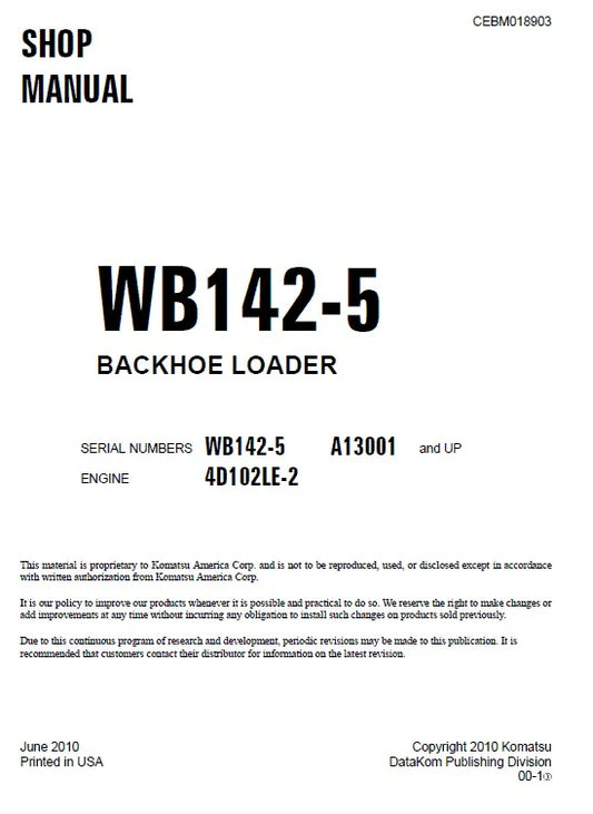 Komatsu WB142-5 Backhoe Loader Pdf Shop Repair Service Manual Sn A13001 And UP