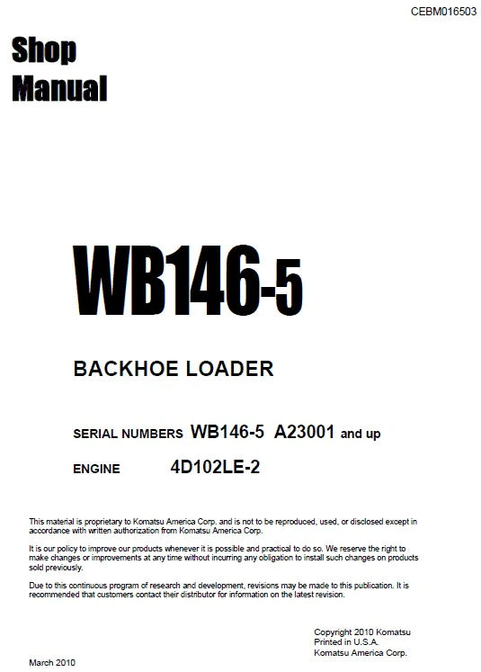 Komatsu WB146-5 Backhoe Loader Pdf Shop Repair Service Manual Sn A23001 And UP