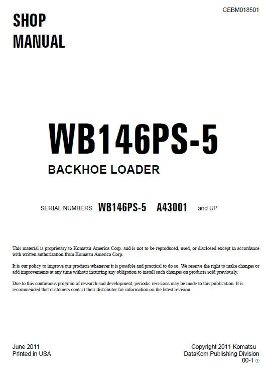 Komatsu WB146PS-5 Backhoe Loader Pdf Shop Repair Service Manual Sn A43001 And UP