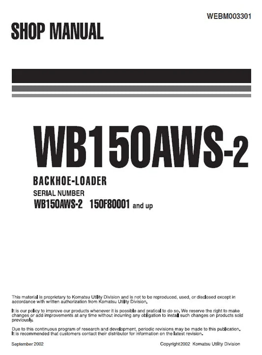 Komatsu WB150AWS-2 Backhoe Loader Pdf Shop Repair Service Manual Sn 150f80001 And UP