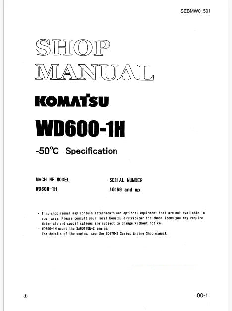 Komatsu WD600-1H Wheel Dozer Pdf Repair Service Manual Sn 10169 and UP