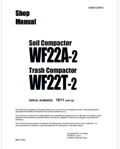 Komatsu WF22A-2 Soil Compactor Pdf Repair Service Manual Sn 1011 and UP