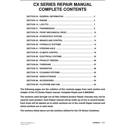 New Holland CX720, CX740, CX760, CX780, CX820, CX840, CX860, CX880 Combine Pdf Repair Service Manual (P. Nb. 86630597