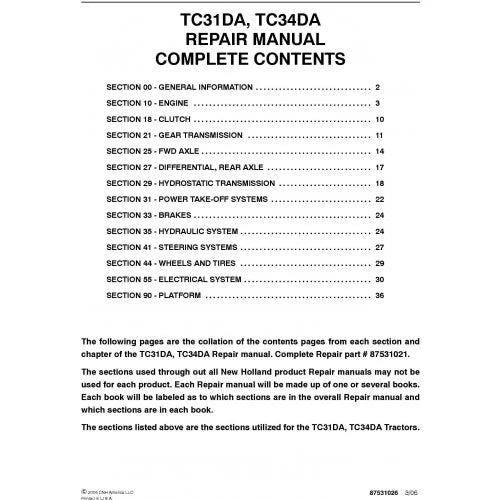 New Holland TC31DA, TC34DA Tractors Pdf Repair Service Manual (p. Nb. 87537118)