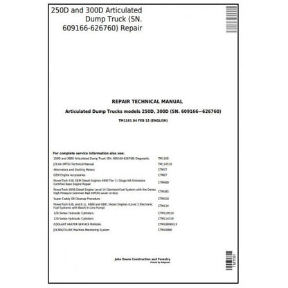 PDF 250D, 300D John Deere Articulated Dump Truck (TM1161) Repair Service Manual
