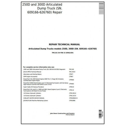PDF 250D, 300D John Deere Articulated Dump Truck (TM1161) Repair Service Manual