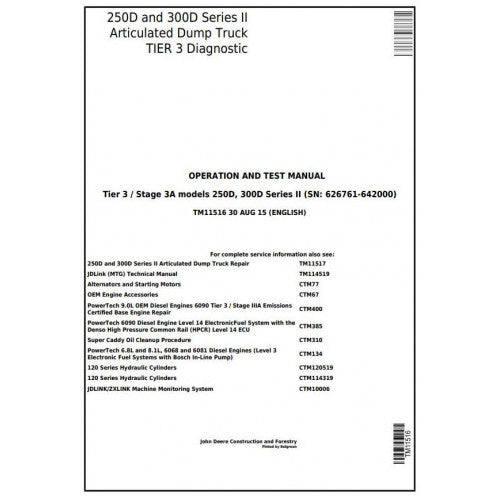 PDF 250D, 300D Ser.2 John Deere Articulated Dump Truck (TM11516) Diagnostic and Test manual