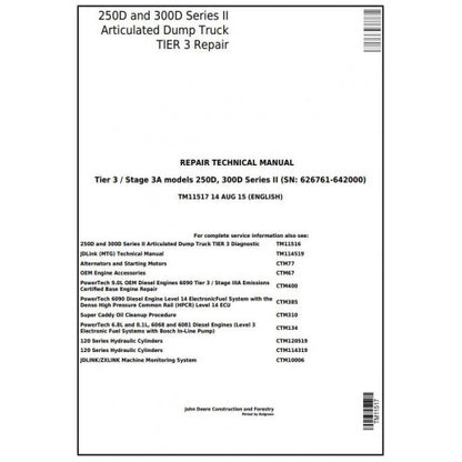 PDF 250D, 300D Ser.2 John Deere Articulated Dump Truck (TM11517) Service Repair Manual