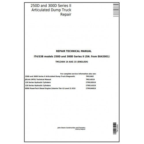 PDF 250D, 300D Ser.2 John Deere Articulated Dump Truck (TM12404) Service Repair Manual