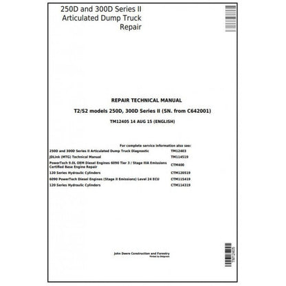 Download John Deere 250D, 300D Ser.2 Articulated Dump Truck (TM12405) Service Repair Manual