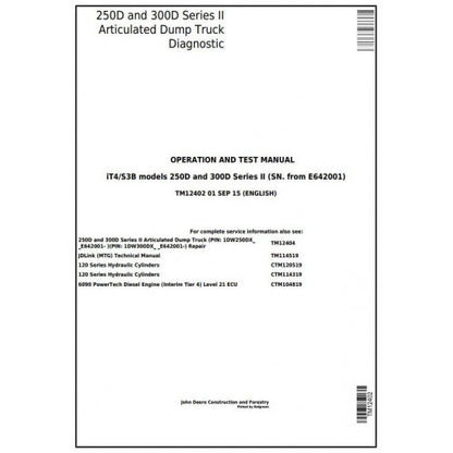 PDF 250D, 300D Series II John Deere Articulated Dump Truck (TM12402) Diagnostic & Test manual