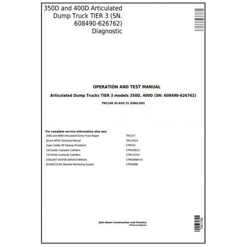 PDF 350D, 400D John Deere Articulated Dump Truck (TM1198) Diagnostic Operation and Test Service Manual